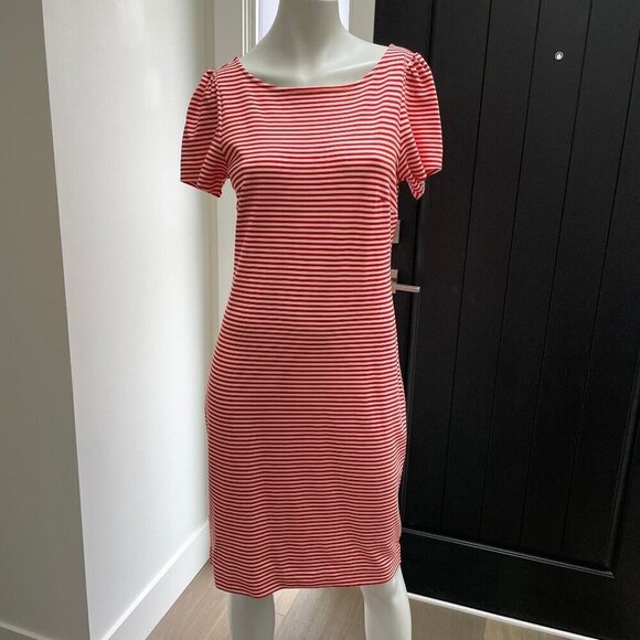 Ann Taylor Dresses & Skirts - Ann Taylor Petite SS Jewel Neck Striped Midi Dress Orangey Red White Sz 6P NWOT